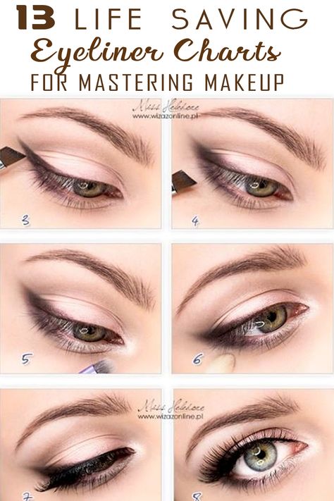 These makeup charts will absolutely change the way you apply your makeup forever. #makeupislife #makeuptutorial #eyelinerchart Teknik Makeup, Make Up Mata, Hooded Eye Makeup Tutorial, Membentuk Alis, Mekap Mata, Trendy Eyeshadow, Tutorial Eyeliner, Eyeliner For Beginners, Bluish Green Eyes