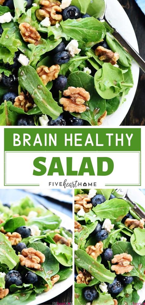 Brain Healthy Salad is a quick and easy healthy recipe for lunch and dinner! It is loaded with leafy greens, blueberries, walnuts, and extra-virgin olive oil for an easy way to enjoy brain-protective foods in your diet. Save this pin to learn how to make a healthy salad recipe! Leafy Green Salad Recipes, Green Salad Recipes Healthy, Mind Diet Recipes, The Mind Diet, Leafy Greens Recipes, Healthy Green Salads, Brain Healthy Foods, Leafy Salad, Mind Diet