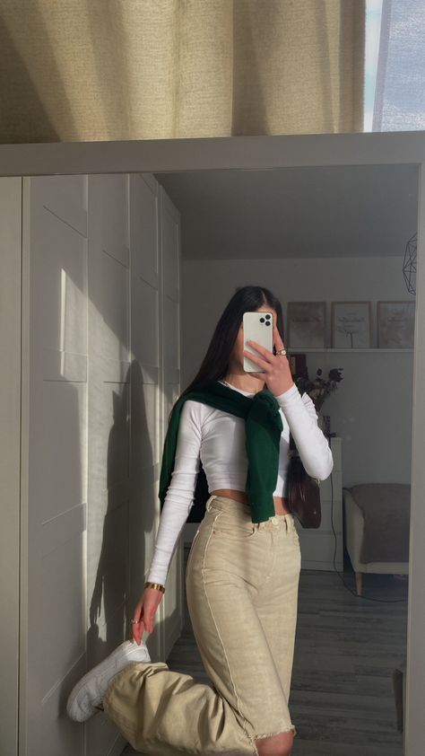 Cream Shirt Outfit Women Work, Green Asthetics Outfit, Dark Green And Beige Outfit, Green Cream Outfit, Ascetic Outfits, Green Combo Outfit, Beige Color Combinations Outfit, Green And Tan Outfit, Beige And Green Outfit