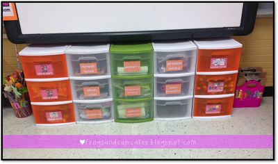 Tales of Frogs and Cupcakes: Math Bins MAKEOVER! Diy Stand, Poetry Center, Plants Unit, Poetry Unit, Tech Organization, Thematic Units, Beautiful Storage, Math Stations, Smart Board