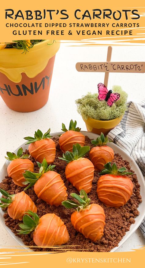 Rabbit’s Carrots | Chocolate Dipped Strawberry Carrots for a Winnie the Pooh themed party Winnie The Pooh Themed Party, Strawberry Carrots, Diy Decorations Party, Easy Diy Decorations, Party Favor Food, Winnie The Pooh Decor, Carrot Dip, Orange Food Coloring, Strawberry Baby