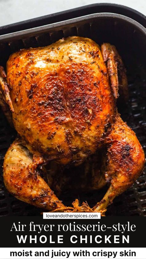 This Rotisserie Style Air Fryer whole chicken is moist and juicy on the inside and crispy on the outside. A simple foolproof whole chicken recipe that’s ready in an hour. Let me show you how to roast a whole chicken in air fryer. Ninja Foodi Xl Pro Air Oven Recipes Whole Chicken, Whole Chicken Air Fryer Recipes, Air Fryer Recipes Whole Chicken, Cajun Butter Chicken, Air Fryer Whole Chicken Recipe, Fry Chips, Cajun Style Chicken, Air Fryer Whole Chicken, Whole Chicken Recipe