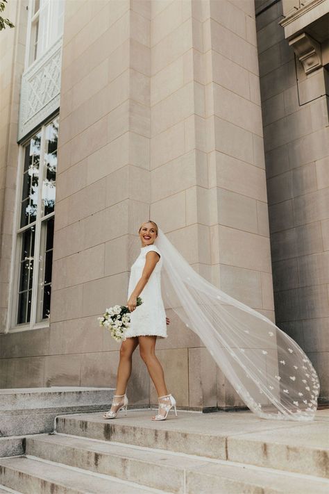 Short Wedding Dresses with Super Long Veil Minimalist Wedding Dress Elegant Short, Short Wedding Dress With Vail, Mini Dress And Veil, Small Intimate Wedding Dress, A Line Mini Wedding Dress, Veil And Short Dress, Short Wedding Dress Registry Office, Wedding Shoes Short Dress, Small Ceremony Wedding Dress