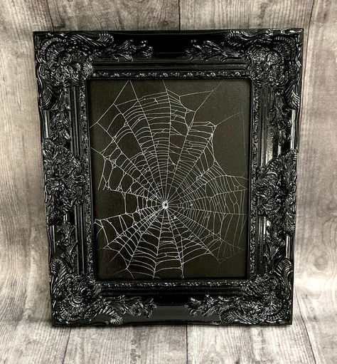 Spider Web On Mirror Halloween, Goth Picture Frames Diy, Spider Web Preservation, Preserve Spider Web, Preserving Spider Web, Spooky Picture Frame, Spider Web Frame, Framed Spider Web, Preserved Spider Web