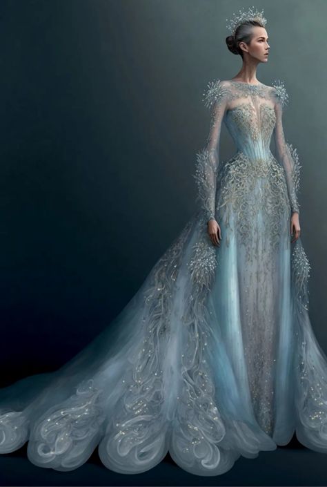 Ice Queen Ball Gown, Ice Queen Gown, Princess Dress Fantasy, Scifi Fashion, Ice Clothes, Snow Queen Costume, Ice Queen Costume, Ice Dress, Winter Court