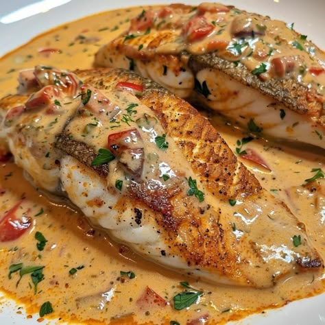 🌟 Red Snapper with Creamy Creole Sauce 🌟  ￼  Ingredients: - 4 red snapper fillets - Salt and pepper to taste - 2 tbsp olive oil - 1 tbsp butter - 1 small onion, finely chopped - 1 green bell pepper, finely chopped - 2 cloves garlic, minced - 1 cup heavy cream - 1/2 cup chicken broth - 1/4 cup dry white wine - 1 tbsp Creole seasoning - 1 tsp paprika - 1/2 tsp cayenne pepper (optional for extra heat) - 1/4 cup chopped fresh parsley - Lemon wedges for garnish  Directions: 1. Season red snapper fillets with salt and pepper. 2. In a large skillet, heat olive oil over medium-high heat. Add the fillets and cook for 3-4 minutes on each side until golden brown and cooked through. Remove from skillet and set aside. 3. In the same skillet, melt butter. Add onion, green bell pepper, and garlic. Saut Red Snapper Fish, Creole Sauce, Snapper Fish, Seafood Dish Recipes, Fish Recipes Healthy, Shrimp Recipes Easy, Cooking Seafood, Red Snapper, Healthy Food Dishes