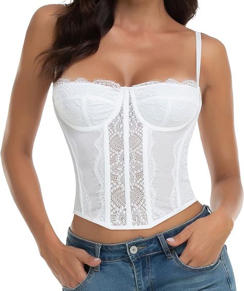 Raxnode Lace Corset Crop Tops for Women - Sexy Fashion Club Bodysuit with Buckle… White Lace Corset, Party Crop Tops, Corset Tops, Lace Corset Top, White Corset, Club Tops, Corset Crop Top, Lace Bustier, Lace Corset