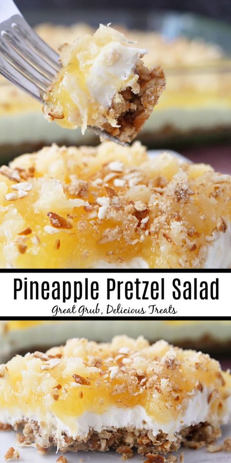 Pineapple Pretzel Salad is an easy summer dessert that is made with a pretzel crust, cream cheese center and pineapple topping. Pineapple Pretzel Salad, Pineapple Topping, Salty Desserts, Pretzel Desserts, Easy Summer Dessert, Bbq Summer, Salad Cream, Pretzel Salad, Pretzel Crust