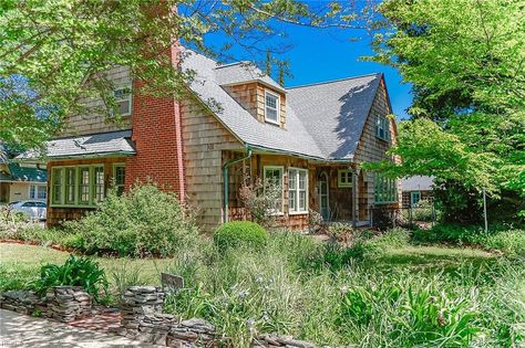 So much character! Circa 1926 in Virginia. $299,000 – The Old House Life Old Houses With Character, Cedar Shake Cottage, Built In Corner Cabinet, Vintage Tile Bathroom, New Old House, Tiled Bathrooms, Hampton Virginia, Downstairs Bedroom, Cedar Shake