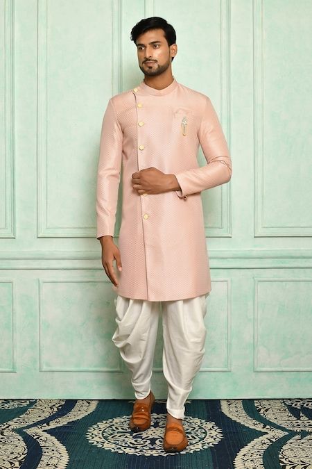 Buy Pink Sherwani Jacquard And Dhoti Pant Set For Men by Adara Khan Online at Aza Fashions. Varun Chakkilam, Pink Sherwani, Dhoti Pants For Men, Black Sherwani, Embroidery Abstract, Embroidered Sherwani, Placement Embroidery, Dhoti Pants, Trendy Blouse Designs