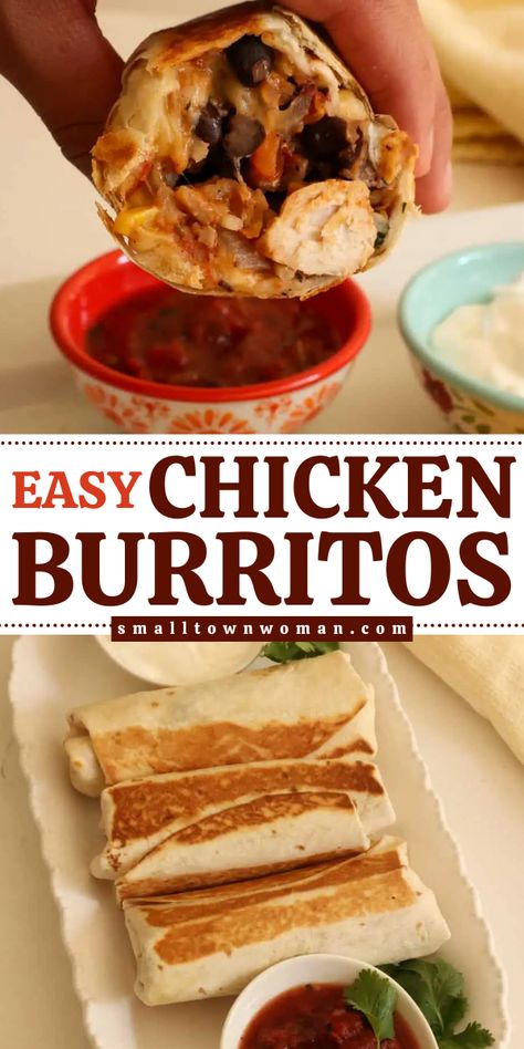 Whip up this chicken burrito recipe with rice! It's a simple dinner idea in just 30 minutes. Delicious and satisfying, these easy chicken burritos will become one of your favorite main dishes for dinner! Easy Chicken Burrito Casserole, Grilled Chicken Burritos, Slow Cooker Chicken Burritos, Chicken Burrito Recipe Easy, Chicken Burritos Easy, Leftover Chicken Burritos, Rotisserie Chicken Burrito Recipes, Rotisserie Chicken Burritos, Chicken For Burritos