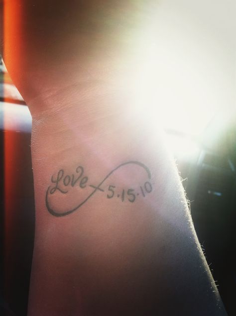 My tattoo. My wedding anniversary :) Wedding Date Wrist Tattoo, Tattoo Ideas For Wedding Date, Wedding Dates Tattoo Ideas, Infinity Tattoo With Anniversary Date, Wife Tattoo Ideas, Couples Wedding Date Tattoo, Wedding Date Tattoo Ideas, Beloved Tattoo, Wedding Date Tattoos