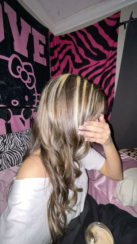 Highlights At Bottom Of Hair, Brown And Blonde Skunk Hair, Black Highlights In Blonde Hair, Em Ma Hair, Skunk Hair Wavy, 2000 Hair Color, Light Brown Hair With Chunky Highlights, Brown And Blonde Chunky Highlights, Pink Hair With Blonde Highlights