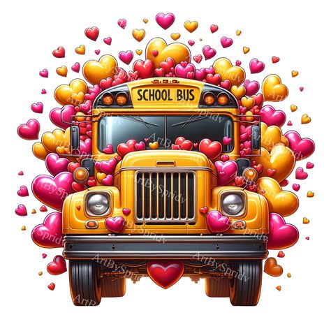 Hearts Overlay, School Bus Painting, Watercolor School Bus, School Bus Art, School Bus Clip Art, Bus Clipart, School Bus Clipart, Bus Driver Sublimation Designs, Heart Overlay