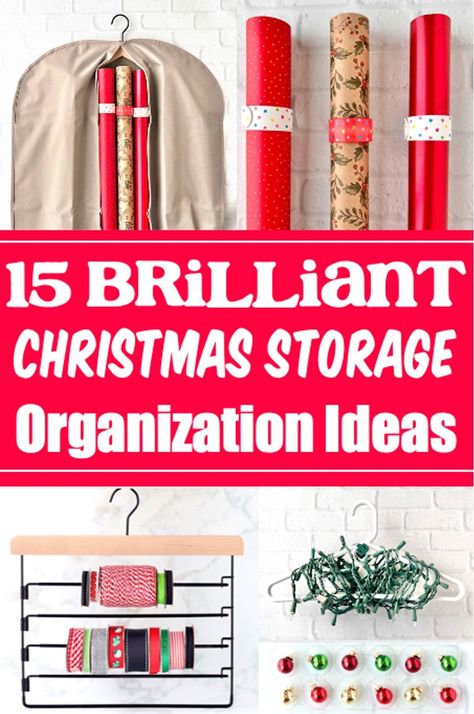 Christmas Storage Ideas! Keeping the clutter under control in small houses or spaces can be tricky, but once you know these simple holiday organizing ideas for your supplies, you won't believe how organized your home is! From storage solutions for your Christmas decorations, to easy hacks to keep decor tidy in your garage or attic, I've got you covered with these simple home organization tips! Here's what you need to do this year... Gift Storage Ideas, Storage Christmas Decorations, Christmas Closet Organization, Holiday Storage Room, Christmas Storage Hacks, Organize Christmas Decorations Storage, Organizing Christmas Decorations Storage, Christmas Organization Storage, Christmas Storage Organization