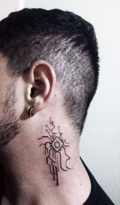 Cyberpunk Neck Tattoo, Sci Fi Tattoo Ideas, On Off Tattoo, Cpu Tattoo, Electric Tattoo Ideas, Futuristic Tattoo Cyberpunk, Computer Tattoo Ideas, Computer Science Tattoo, Programmer Tattoo