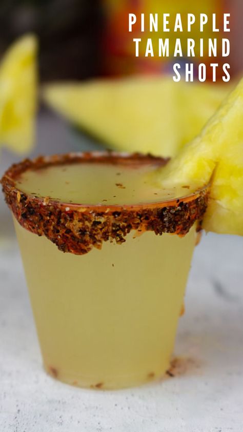 Drinks With Chamoy Rim, Chamoy Drinks Recipes, Tajin Alcohol Drinks, Tamarind Vodka Cocktail, Drinks With Tajin Rim, Tajin Jello Shots, Tamarind Vodka Recipes, Tajin Pineapple, Tequila Shots Recipes