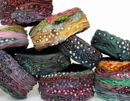 Hand Crochet, Needlepoint and Silk Jewelry - Nunn Design Silk Bangles, Shibori Ribbon, Shibori Jewelry, G Design, Polymer Clay Bracelet, Silk Jewelry, Shibori Silk, Fabric Bracelets, Fimo Polymer Clay