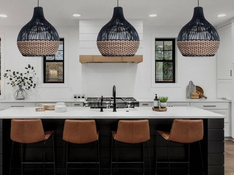 Black White And Tan Interior Design, Black Rattan Interior Design, Black Metal Pendant Light Kitchen, Rattan Lighting Kitchen, Black And White Boho Kitchen, Black Rattan Pendant Light, Black Pendant Light Kitchen, Basket Pendant Light, Rattan Lighting