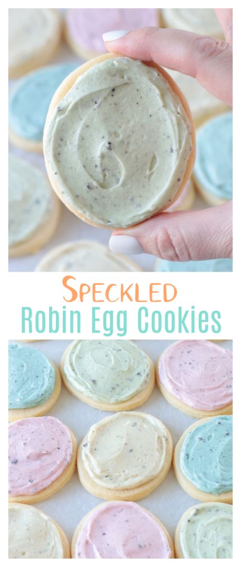 robin egg cookies on in variety of colors Frosted Easter Sugar Cookies, Easter Sugar Cookies Decorated Buttercream, Speckled Egg Cookies, Oreo Cookie Crumbs, Egg Sugar Cookies, Easter Sugar Cookies Decorated, Easter Egg Sugar Cookies, Egg Shaped Cookies, Easter Deserts