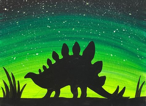 Dino Glow Dino Shadow Drawing, Easy Dino Paintings, Acrylic Painting Dinosaur, Painting Ideas On Canvas Dinosaurs, Dinosaur Silhouette Painting, Dino Canvas Painting, How To Paint Dinosaurs, Easy Painting Ideas On Canvas Dinosaur, Canvas Painting Ideas Dinosaur