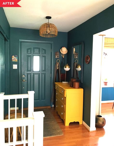 Teal Entryway, Teal Hallway, Gray Entryway, Green Entryway, Yellow Dresser, Dark Green Living Room, Painted Staircases, Blue Green Paints, Teal Paint