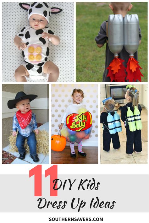 11 DIY Kids Dress Up Ideas :: Southern Savers Diy Dress Up Storage, Jelly Bean Costume, Toddler Dress Up, Dress Up Ideas, Dress Up Storage, Clever Costumes, Dress Up Clothes, Cow Outfits, Kid Dress