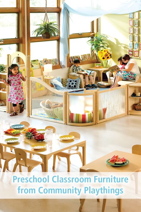 Shop tables and desks, seating, storage, room dividers and more for the kindergarten, preschool, or toddler classroom. Click through to explore! Preschool Room Dividers, Classroom Partition Ideas, Preschool Classroom Furniture, Preschool Interior, Toddler Daycare Rooms, Class Layout, Classroom Architecture, Community Playthings, Importance Of Play