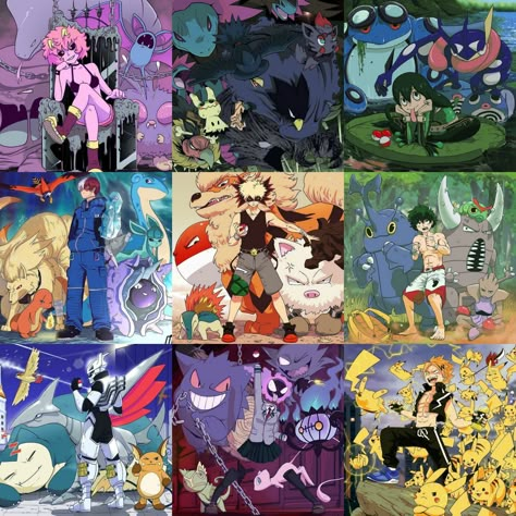 Pokemon Dragon Ball Crossover, Mha Pokemon Crossover, Mha Spiderman Au, Mha Pokemon Au, Mha X Pokemon, Pokemon Team Art, Mha Pokemon, Pokemon Crossover, Different Pictures