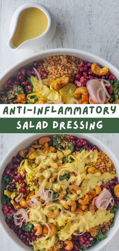 This Anti-Inflammatory Salad Dressing contains curcumin, the active compound in turmeric, that shows a significant improvement in morning stiffness, walking time, and joint swelling, with the complete absence of any side effects in people with rheumatoid arthritis, a chronic systemic inflammatory disorder. Antiinflammatory Salad Recipes, Plant Based Anti Inflammation Diet, Anti Inflammation Vegan Diet, Anti Inflammation Dressing, Raw Dressing Recipes, Anti Inflammation Salad Dressing, Alkaline Dressing Recipes, Anti Inflammation Salad, Anti Immflamatory Recipes Lunch