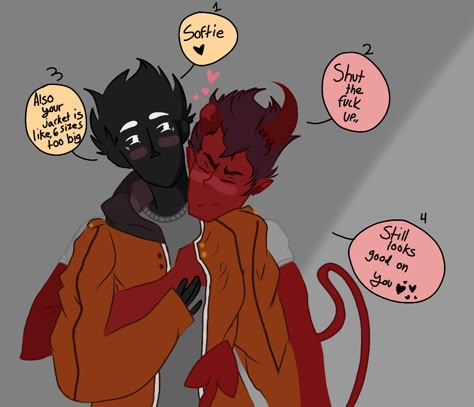 Monster Prom Oz X Damien Kiss, Oz And Damien, Damien And Oz Monster Prom, Monster Prom Ship Art, Damien X Oz Monster Prom, Monster Prom Damien X Oz, Damian X Oz, Monster Camp Damien, Damien Lavey X Oz