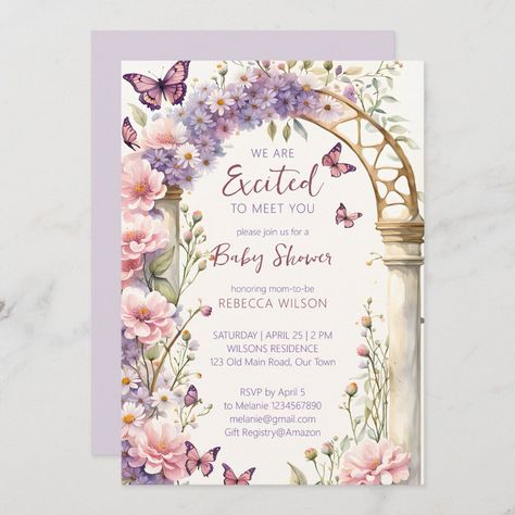 Enchanted garden pastel butterflies baby shower invitation Flowers Arch, Summer Baby Shower Invitations, Fairy Baby Showers, Garden Boho, Lilac Pastel, Butterfly Baby Shower Invitations, Fairy Baby, Garden Baby Showers, Template Invitation