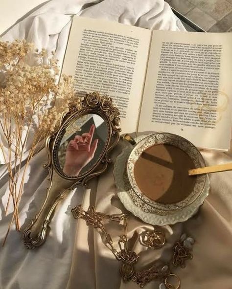 Coffee, book, and vintage mirror Light Academia Aesthetic, Romantic Academia, An Open Book, Royal Aesthetic, Cream Aesthetic, Wallpaper Laptop, Gold Aesthetic, Classy Aesthetic, 背景 シンプル