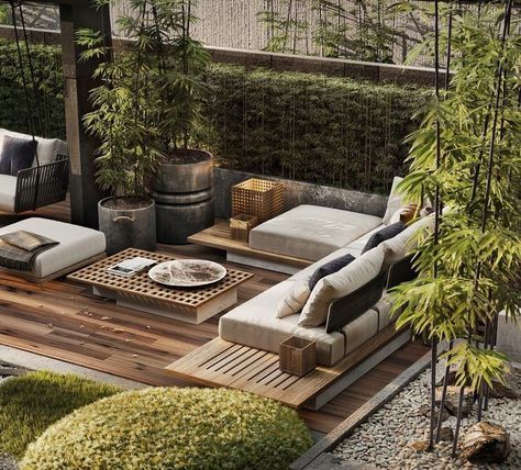 Beautiful timber decking with pergola surrounded by lush bamboo in pots and a bespoke sectional outdoor sofa Roof Garden Design, Terrasse Design, Rooftop Design, Courtyard Design, Rooftop Patio, Terrace Design, Outdoor Decor Backyard, Roof Garden, Terrace Garden