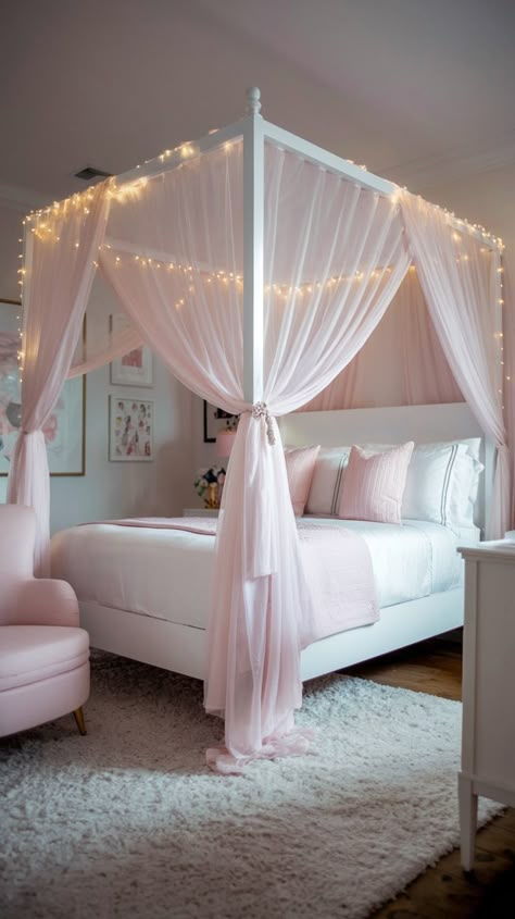 Canopy Bed Ideas Pink, Girls Canopy Bedroom Ideas, Girls Pink And White Bedroom Ideas, Canopy Beds For Girls Room, Pink Bed Frame Bedroom Ideas, Pink And White Aesthetic Room, Girly Teenager Bedroom, Pink Girls Room Ideas, White And Pink Bedroom Aesthetic