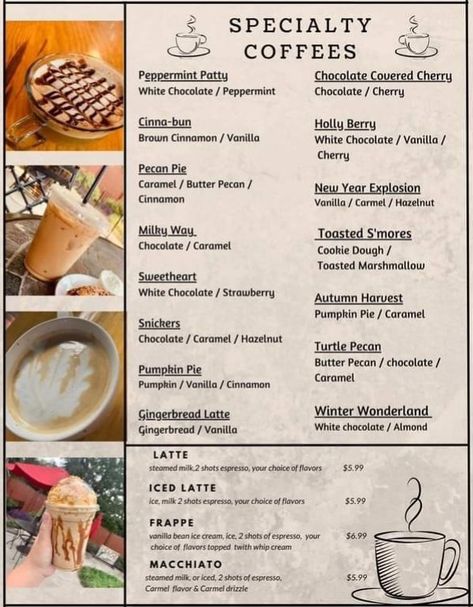 Coffee Orders Ideas, Coffee Shop Flavor Ideas, Coffee Flavor Recipes, Coffee Syrup Combinations, August Coffee Specials, Coffee Specials Ideas, November Coffee Specials, Back To School Coffee Drinks, November Coffee Drinks