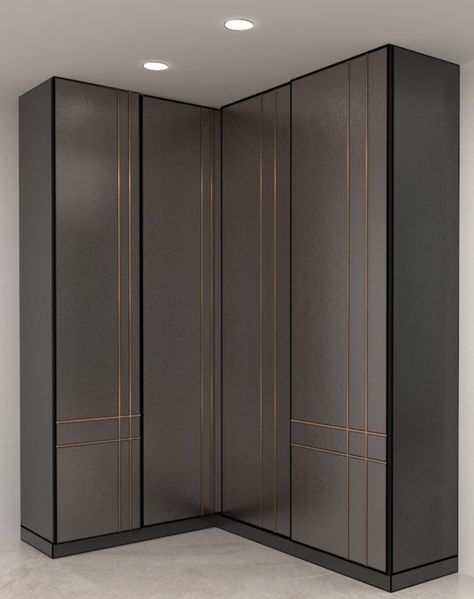 BROWN MIRROR FINISH WITH GOLDEN T-PATTI Gold Door Handles, Modern Wardrobe Design, Grey Wardrobe, Luxury Closets, Closets Design, Bedroom Cupboards, Modern Minimalist Bedroom, House Roof Design, Gold Door