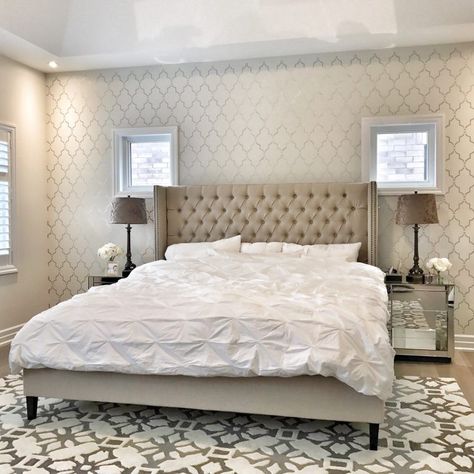 Stenciled Accent Wall Bedroom, Accent Wall Stencil Ideas Bedroom, Bedroom Wallpaper Ideas Accent Wall, House Paints, Bedroom Accent Wall, Wall Stencil Designs, Accent Wall Stencil, Accent Wall Ideas, Moroccan Bedroom