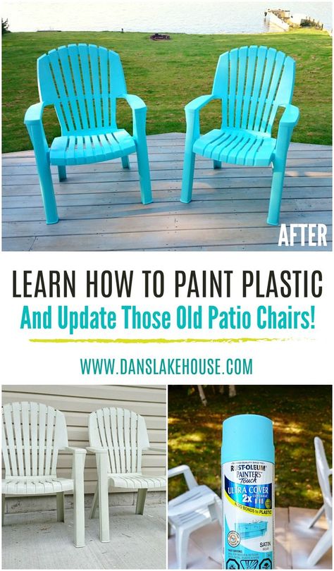 If you've ever wanted to know how to spray paint plastic lawn chairs, check out this before and after. Click through to learn how easy it is to paint plastic chairs and plastic lawn furniture. It's a snap to paint plastic furniture with the right prep and right supplies. Update old outdoor furniture with this easy project idea! #paintplastic plasticchairs Painting Plastic Furniture, Painting Plastic Chairs, How To Paint Plastic, Plastic Garden Chairs, Plastic Patio Furniture, Plastic Garden Furniture, Plastic Outdoor Furniture, Plastic Patio Chairs, Spray Paint Plastic