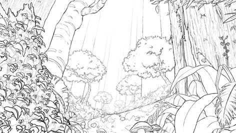 Animation Background art Linework by Joey Lee. Layout background. Animation Layout Background, Animation Layout Design, Background Art Animation, Foreground Middleground Background Art, Forest Background Drawing, Animation Background Design, 2d Animation Background, Animation Background Art, Forest Layout