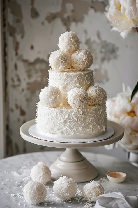 Creamy Coconut Dream: A Raffaello Birthday Cake Masterpiece Raffaello Balls, Cake For Him, Cake For Her, Coconut Dream, Elegant Cake, Birthday Treat, White Chocolate Ganache, A Birthday Cake, Elegant Cakes