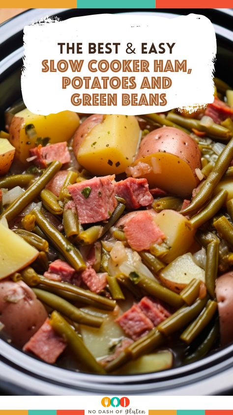 Elevate your dinner game with our Slow Cooker Ham, Potatoes, and Green Beans recipe! Let the rich flavors of ham hock, creamy Yukon Gold potatoes, and crisp green beans blend harmoniously in your slow cooker. A balanced and comforting main course perfect for family gatherings or casual get-togethers. Try it now and savor every bite of this delicious symphony of flavors. Get the full recipe on our blog and make dinner memorable! Beans Potatoes And Ham, Crock Pot Ham And Beans Slow Cooker, Slow Cooker Recipes Ham, Crock Pot Ham And Green Beans, Green Beans Ham And Potatoes Stove, Ham Hock Green Beans And Potatoes, Ham Green Beans And Potatoes Soup, Pork Green Beans And Potatoes, Slow Cooker Ham Green Beans And Potatoes