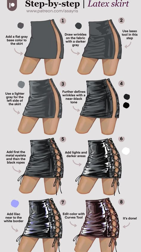 Silk Drawing Tutorial, How To Draw Female Clothes, Pencil Skirt Drawing, Leather Coloring Tutorial, Shading Clothes Digital, Dress Shading Drawing, Long Skirt Drawing Reference, How To Draw Dresses Step By Step, Clothes Shading Tutorial