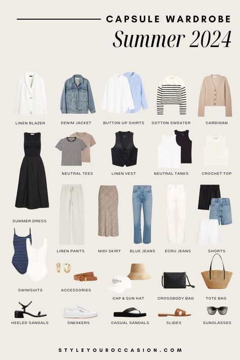 Summer Work Wardrobe Capsule, Midsize Summer Capsule Wardrobe, Italian Vacation Capsule Wardrobe, Preppy Capsule Wardrobe Summer, Summer Business Casual Capsule Wardrobe, Summer City Break Capsule Wardrobe, European Fashion Summer 2024, France Capsule Wardrobe Summer, Womens Capsule Wardrobe 2024