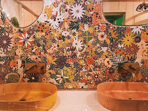 Flower Mosaic Tile Backsplash Kitchen, Colorful Bathroom Backsplash, Mural Backsplash Kitchen, Flower Mosaic Tile Backsplash, Flower Kitchen Backsplash, Flower Tile Bathroom, Flower Backsplash Kitchen, Floral Backsplash Kitchen, Flower Backsplash