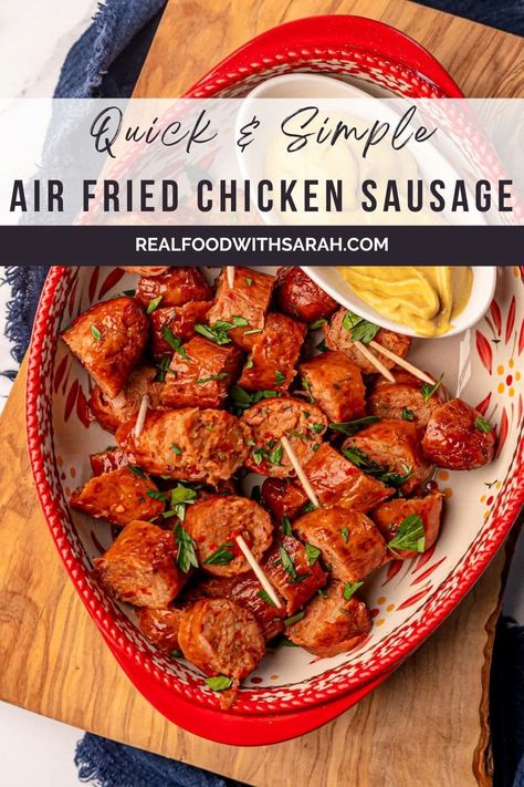 This Air Fryer Chicken Sausage is guaranteed to be your new favorite way to cook up crispy, juicy sausage! Serve as a quick appetizer with mustard for dipping, or stuffed in your favorite hot dog rolls for an easy game day dinner. Have these sausages on the table in 25 minutes or less. Chicken Sausage Appetizer, Air Fryer Chicken Sausage, Easy Family Dinners Healthy, Sausage Appetizers, Hot Dog Rolls, Chicken Sausages, Quick Appetizer, Weeknight Recipes, Easy Recipes For Beginners