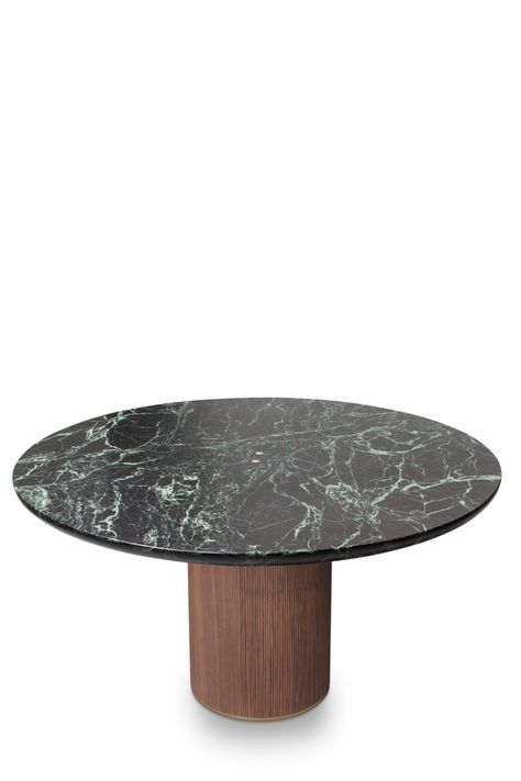 The QD05 dining table is made of green marble and a walnut wood base with beautiful details made in brass. Its elegant simplicity makes it adaptable to many spaces. Marble Dinning Table, Dining Table With Marble Top, Marble Tables Living Room, Round Marble Table, Walnut And Brass, Table With Marble Top, Marble Tables Design, Round Marble Dining Table, Stone Table Top