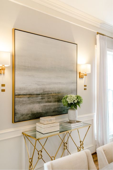 Large Pictures For Dining Room Wall, Gold Framed Dining Room Wall Art, Artwork In Dining Room, Art Behind Dining Table, Dining Room Artwork Luxe, Dinning Room Art Wall Decor, Dining Room Art Work, Thick Gold Frame Art, Buffet Lamps Dining Room Transitional