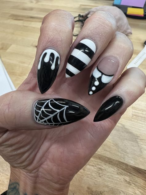 Wednesday Adam Nails, Halloween Nails Wednesday Addams, Adams Family Nails Art, Adam’s Family Nails, Wednesday Addams Inspired Nails, Halloween Nails Addams Family, Addams Family Nail Art, Black Nails Wednesday, Addams Family Nail Design