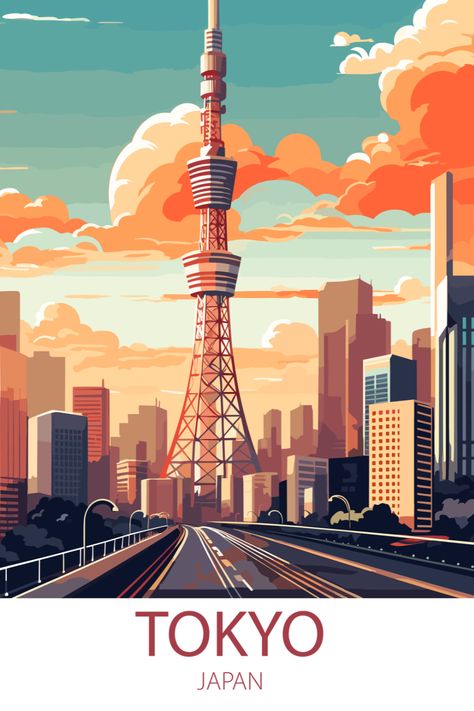 Transport yourself to the serene beauty of Tokyo with our Japanese-inspired wall art collection. From cherry blossoms to historic temples, experience the tranquility of Japan in your home. Shop now and infuse your space with the elegance of Tokyo! Tokyo Travel Poster, Tokyo Illustration City, Japanese City Art, Tokyo Illustration, Tokyo Poster, Tokyo Skyline, Famous Cities, Wildlife Artwork, Tokyo City